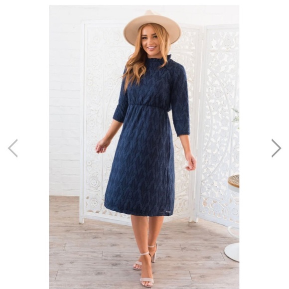 ORANGE CREEK | Navy Lace Knee Length Modest Dress - Picture 4 of 12